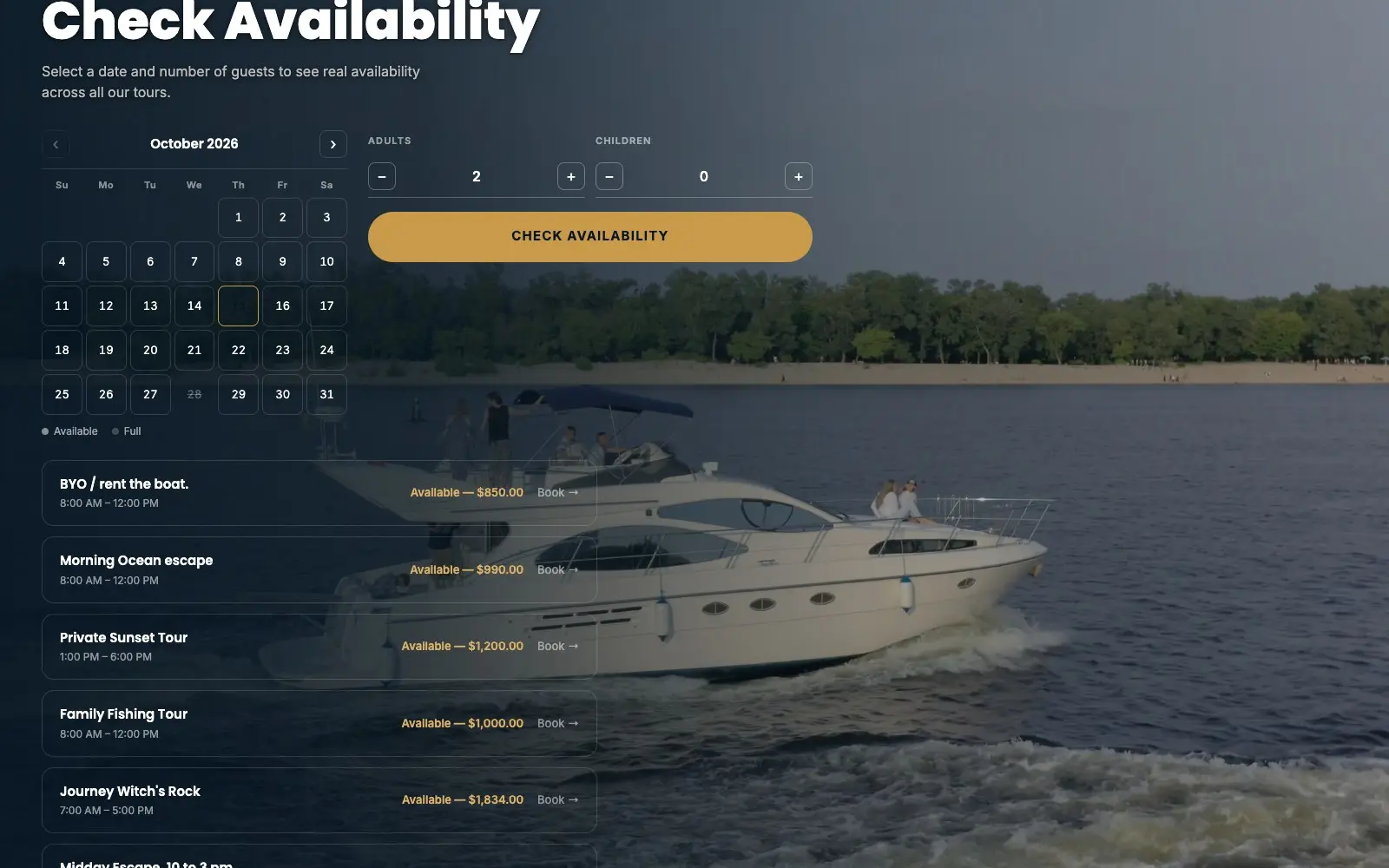 Sistema de reservas de Mr. Pelicano: calendario con disponibilidad y tours con precio