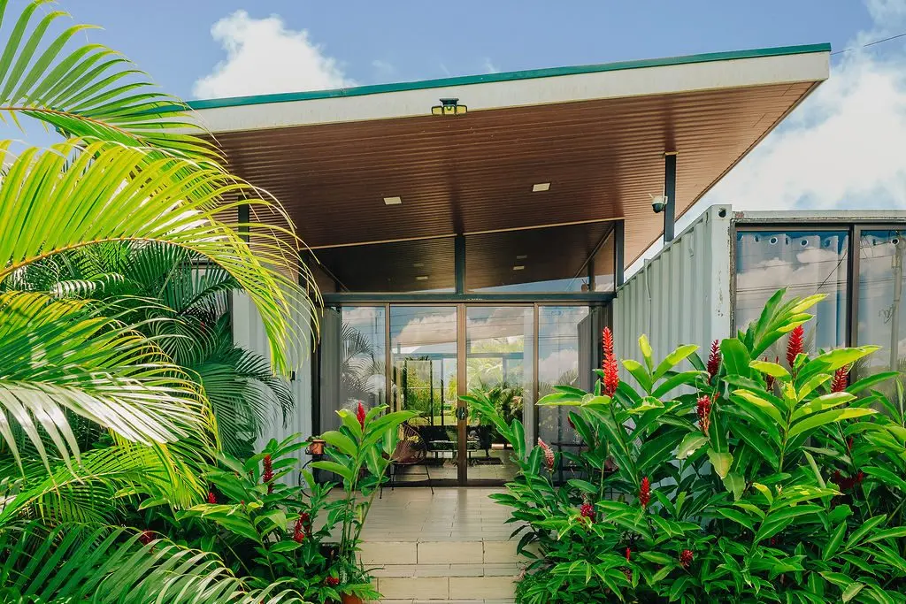 Fachada del alojamiento entre plantas tropicales