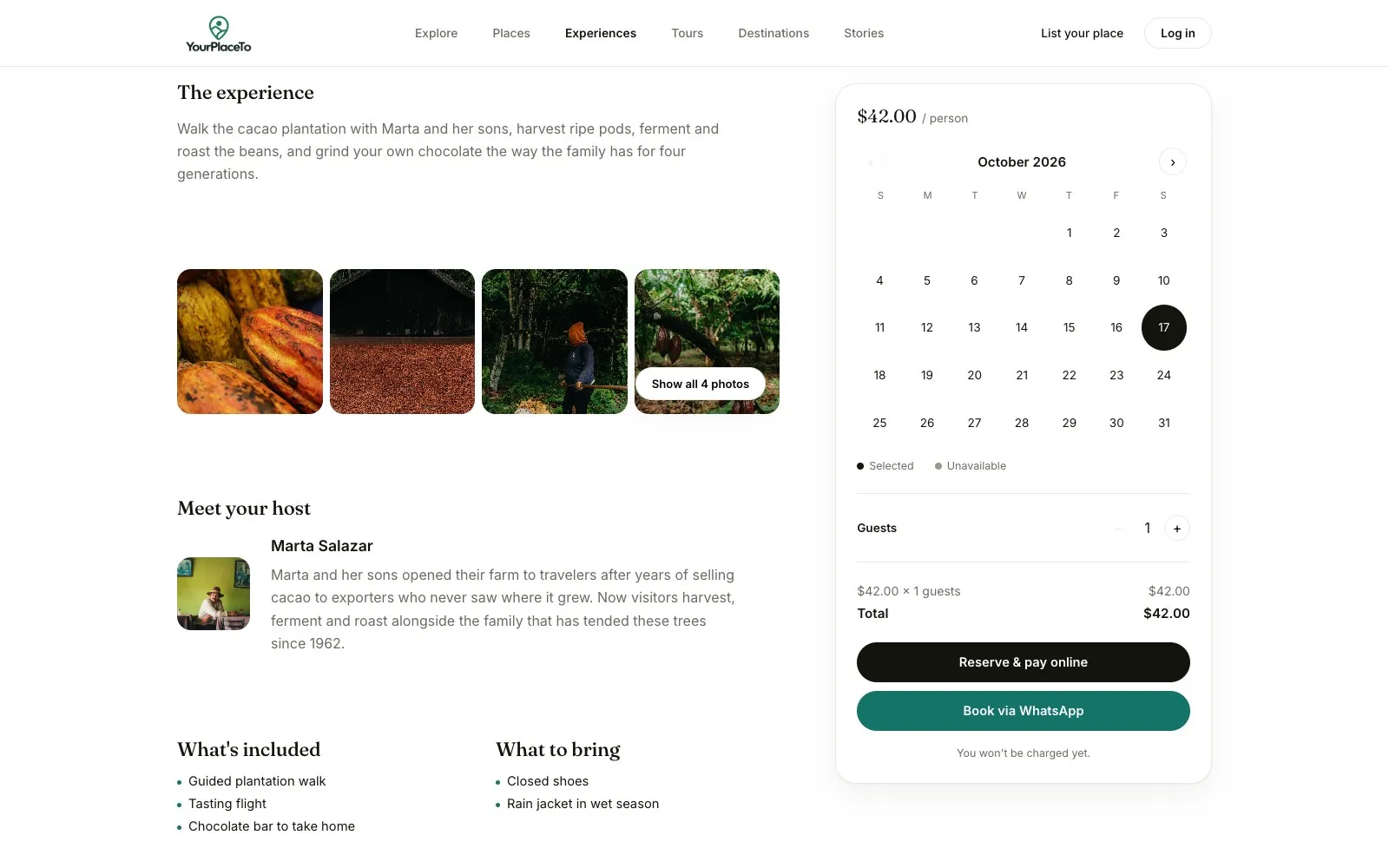 Página de un tour con calendario de disponibilidad y reserva en línea